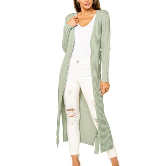 Love Token Sage Green Ribbed Accordion Long Open Front Cardigan Size M - Picture 1 of 9
